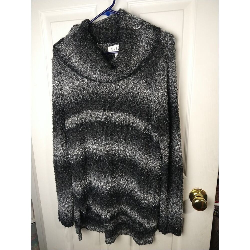 Elle Woman L Sweater Tunic Black White Striped Raised Knot Long Sleeve